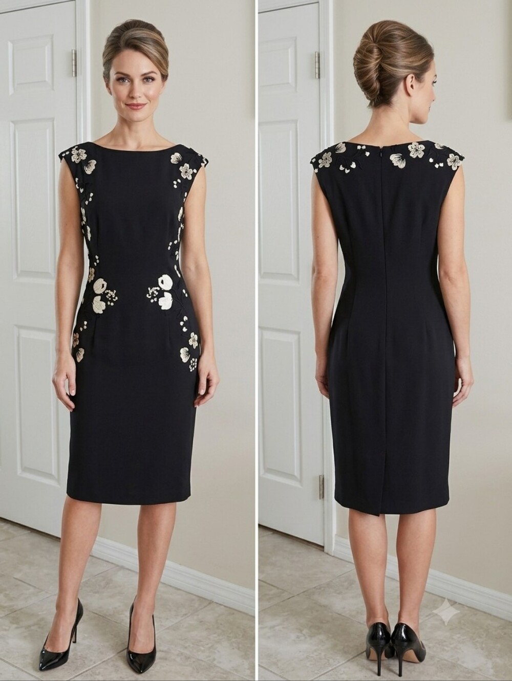 Lela Rose Boat‎ Neck Black Midi Sheath Dress with Floral Appliqué